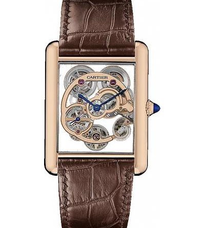 ЧАСЫ TANK LOUIS CARTIER, МОДЕЛЬ СКЕЛЕТОН С САПФИРОВЫМИ СТЕКЛОМ ЦИФЕРБЛАТА И ЗАДНЕЙ КРЫШКОЙ. Механизм с ручным заводом, розовое золото, кожа аллигатора. APT: WHTA0002