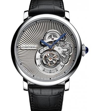 ЧАСЫ ROTONDE DE CARTIER С ПАРЯЩИМ ТУРБИЙОНОМ И ДУГООБРАЗНЫМ ЦИФЕРБЛАТОМ. 46 мм, механизм с ручным заводом, белое золото, кожа аллигатора. APT: W1556246