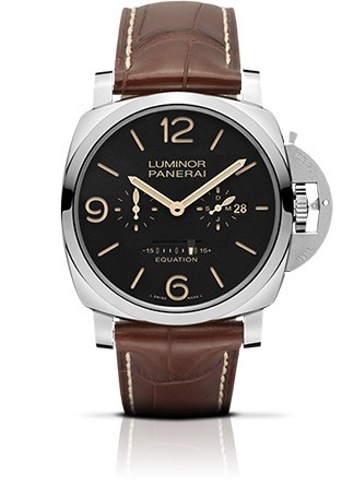 LUMINOR 1950 EQUATION OF TIME 8 DAYS ACCIAIO - 47MM. PAM00601. Ручной завод, усложнения - дата, месяц, малые секунды , уравнение времени, индикация запаса хода с обратной стороны корпуса, полированная сталь, водонепроницаемость 100 м, лимитированная серия 100 шт.