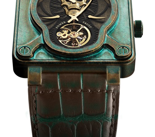 Bell & Ross BR01 Skull Bronze Tourbillon: бронза CuSn8/ титана, ручной завод, квадратный корпус 46мм, прозрачная задняя крышка, запас хода 5 дней