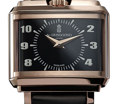 De Grisogono New Retro Black Stripes: 18К розовое золото, автоподзавод, размеры: 50.00 мм x 44.00 мм х 12.00 мм, водонепроницаемость - 30 мм, характерная особенность модели - 4 х 5 черных бриллиантов со стороны задней крышки.