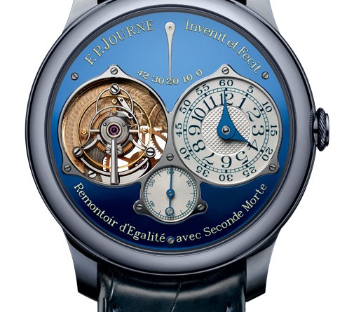 F.P. Journe Tourbillon Souverain Bleu: тантал, мануфактурный швейцарский механизм с ручным заводом F.P. Journe 1403, минутный турбийон, 40,0 мм, лаковый циферблат, усложнение “замирающая секунда” или “dead-beat”, оно же “jumping seconds”, редко встречающееся в механических часах и состоящее в том, что секундная стрелка двигается не плавно, а скачками, что характерно для кварцевых часов.