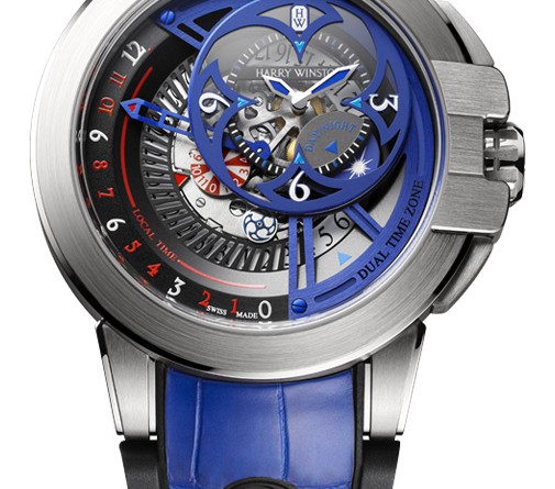 Harry Winston Ocean Dual Time Retrograde Only Watch: 18К белое золото, автоподзавод, 44,2 мм, частично скелетонированный многоуровневый циферблат, по форме стилизованный под четырехконечную звезду сюрикен, ретроградная индикация времени.