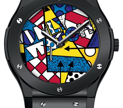 Hublot Classic Fusion Only Watch Britto: полированная черная керамика, мануфактурный механизмом с ручным заводом Hublot HUB1302, запас хода – 90 часов, 45 мм, водонепроницаемость – 50 м. , циферблат из 18К белого золота представляет собой яркую многоцветную эмалевую миниатюру в стиле поп-арта и кубизма, воспроизводящую картину кисти бразильского художника Ромеро Бритто.
