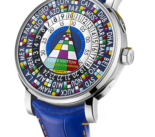 Louis Vuitton Escale Worldtime Only Watch 2015 “The world is a dancefloor”: 18К белое золото, автоподзавод, водонепроницаемость – 30 м, 41 мм. Символическая особенность этих часов состоит в том, что они были созданы совместно с Полом Петтавино, сыном основателя благотворительного аукциона Люка Петтавино. Пол, который болен мышечной дистрофией Дюшенна, и создал яркий рисунок «Мир – это танцпол» (The World is a Dancefloor).