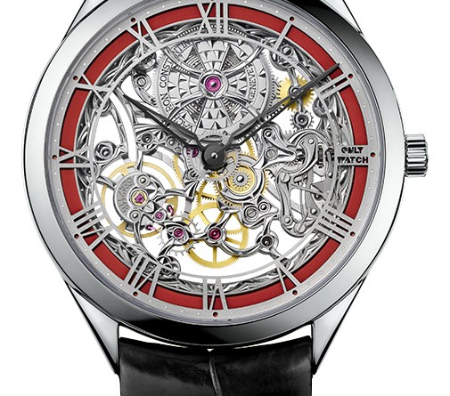 Vacheron Constantin Métiers d’Art Mécaniques Ajourées: 18K белое золото, мануфактурный скелетонированный механизм с ручным заводом Vacheron Constantin 4400SQ, запас хода – 65 часов, водонепроницаемость – 30 м, 40 мм х 7.5 мм. Циферблат, как таковой, отсутствует. К ободку крепятся арабские цифры, под которыми проходит опоясывающее кольцо, покрытое красной эмалью, как дань уважения Княжеству Монако. На отметке «3» часа прикреплена прямоугольная пластинка с надписью “Only Watch”.