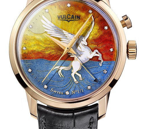 Vulcain 50s Presidents' Enamel Pegasus Only Watch: 18K розовое золото, мануфактурный автоматический механизм Vulcain Cricket V-20, запас хода – 42 часа, водонепроницаемость – 50 м, 42,0 х 14,6 мм. На циферблате - великолепная эмалевая миниатюра с изображением Пегаса, мифического крылатого коня, символа выносливости, стойкости и победы над силами зла.