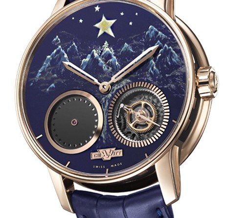 Dewitt Academia Out of Time Unique Piece for Only Watch: 18К розовое золото и черный каучук, автоподзавод, мануфактурный механизм DEWITT DW1201 с запасом хода в 65 часов, 42,50 мм х 12,85 мм, лаковый циферблат; особенность: два секундных указателя - первый, расположенный между отметкам "4" и "5" часов, с помощью стрелки, реализует усложнение "замирающая секунда" или "dead-beat", оно же "jumping seconds", редко встречающееся в механических часах и состоящее в том, что секундная стрелка двигается не плавно, а скачками, что характерно для кварцевых часов ; второй - на круглом указателе положении между "7"и "8" часами - это разработка DeWitt, названная "free seconds hand", т.е. отсутствие стрелки в принципе, олицетворяющий связку "реальное время vs. виртуальное время", которое нельзя измерить с помощью обычных методов.
