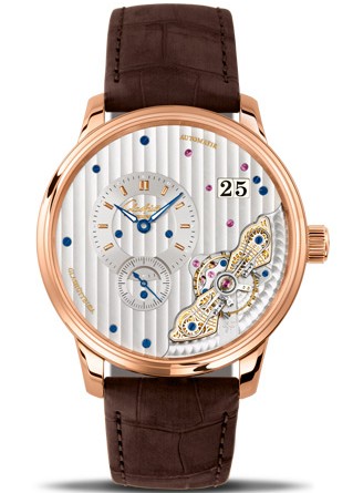Glashutte Original PanoMaticInverse. АРТИКУЛ: 1-91-02-01-05-30. МЕХАНИЗМ: с автоматическим подзаводом, Калибр 91-02. ФУНКЦИИ: часы и минуты (смещены относительно центра), малая секундная стрелка (смещена относительно центра), остановка секунд, панорамная дата. КОРПУС: 18-каратное красное золото, выпуклое сапфировое стекло, привинчивающаяся задняя крышка. ВОДОНЕПРОНИЦАЕМОСТЬ: до 5 бар. РАЗМЕРЫ: ∅ 42 мм, высота: 12.3 мм. ЦИФЕРБЛАТ: гальванизированный родием, стрелки из вороненой стали, покрытые люминесцентным составом Super-LumiNova. РЕМЕШОК: нубуковый ремешок из кожи луизианского аллигатора with складная застёжка из красного золота.
