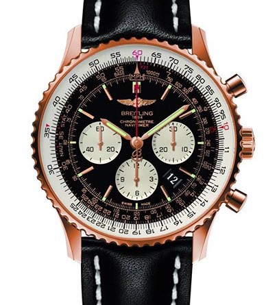 Breitling Navitimer 01 (46 мм). Механизм: мануфактурный механизм Breitling Caliber 01, официально сертифицированный швейцарским институтом хронометрии COSC, с автоподзаводом, высокой частотой (28 800 пк/час), 47 камней. Запас хода более 70 часов. Точность хронографа до ¼ секунды, 30-мин и 12-час. счетчики. Индикация даты. Корпус: из нержавеющей стали или 18K красного золота (лимитированная серия в 200 экз.). Водонепроницаемость до 3 бар. Вращающийся безель с круглой логарифмической линейкой. Выпуклое сапфировое стекло с двусторонним антибликовым покрытием. Прозрачная задняя крышка из сапфирового стекла. Диаметр: 46 мм. Циферблат: черный или синий Aurora. Ремешок/браслет: Кожа Barenia, крокодиловая кожа / Navitimer (только стальная версия).