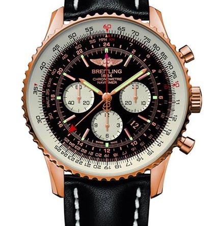 Breitling Navitimer GMT. Механизм: мануфактурный механизм Breitling Caliber B04, официально сертифицированный швейцарским институтом хронометрии COSC, с автоподзаводом, высокой частотой (28 800 пк/час), 47 камней. Запас хода более 70 часов. Указатель времени второго часового пояса. Точность хронографа до ¼ секунды, 30-мин. и 12-час. счетчики. Индикация даты. Корпус: из нержавеющей стали или 18K красного золота (лимитированная серия в 200 экз.). Водонепроницаемость до 3 бар. Вращающийся безель с круглой логарифмической линейкой. Выпуклое сапфировой стекло с двусторонним антибликовым покрытием. Прозрачная задняя крышка из сапфирового стекла. Диаметр: 48 мм. Циферблат: черный или серебристый Mercury. Ремешок/браслет: Кожа Barenia, крокодиловая кожа / Navitimer (только стальная версия).