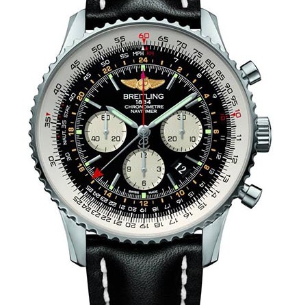 Breitling Navitimer GMT. Механизм: мануфактурный механизм Breitling Caliber B04, официально сертифицированный швейцарским институтом хронометрии COSC, с автоподзаводом, высокой частотой (28 800 пк/час), 47 камней. Запас хода более 70 часов. Указатель времени второго часового пояса. Точность хронографа до ¼ секунды, 30-мин. и 12-час. счетчики. Индикация даты. Корпус: из нержавеющей стали или 18K красного золота (лимитированная серия в 200 экз.). Водонепроницаемость до 3 бар. Вращающийся безель с круглой логарифмической линейкой. Выпуклое сапфировой стекло с двусторонним антибликовым покрытием. Прозрачная задняя крышка из сапфирового стекла. Диаметр: 48 мм. Циферблат: черный или серебристый Mercury. Ремешок/браслет: Кожа Barenia, крокодиловая кожа / Navitimer (только стальная версия).