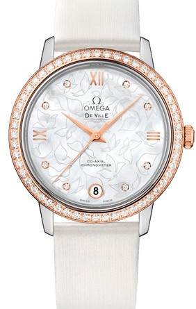 OMEGA DE VILLE «BUTTERFLY». Механизм: Omega 2500, автоподзавод, хронометр, запас хода – 48 часов. Функции: часы-минуты-секунды-дата. Корпус: сталь/РЗ, диам. 32.7 мм, бриллианты по безелю и на циферблате. Стекло: сапфировое, стойкое к царапинам, с антибликовым покрытием. Циферблат: перламутровый. Водонепроницаемость: 3 бара. Браслет/ремешок: сталь/РЗ//белый кожаный ремешок.